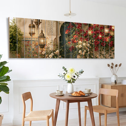 Moroccan Courtyard Canvas Print, Blue Door Wall Art, Floral Archway Painting, Islamic Architecture Canvas Decor