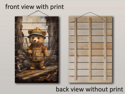 Rustic Hiking Bear Print on Natural Wood – Nursery Animal Wall Art