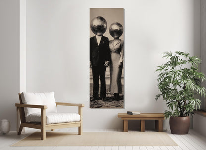 Vintage Disco Ball Canvas – Black and White Surreal Wall Art | Framed Ready to Hang