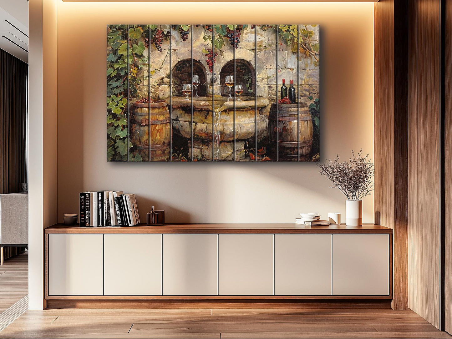 Rustic Wine Wall Art - Vintage Wine Barrels & Fountain Painting on Natural Wood