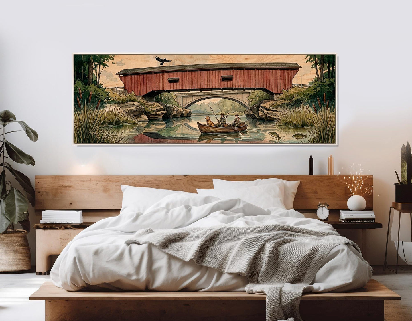 Narrows Bridge Canvas Print, Panoramic Covered Bridge Painting, Large River Wall Art, Framed and Ready to Hang