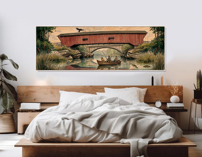 Narrows Bridge Canvas Print, Panoramic Covered Bridge Painting, Large River Wall Art, Framed and Ready to Hang