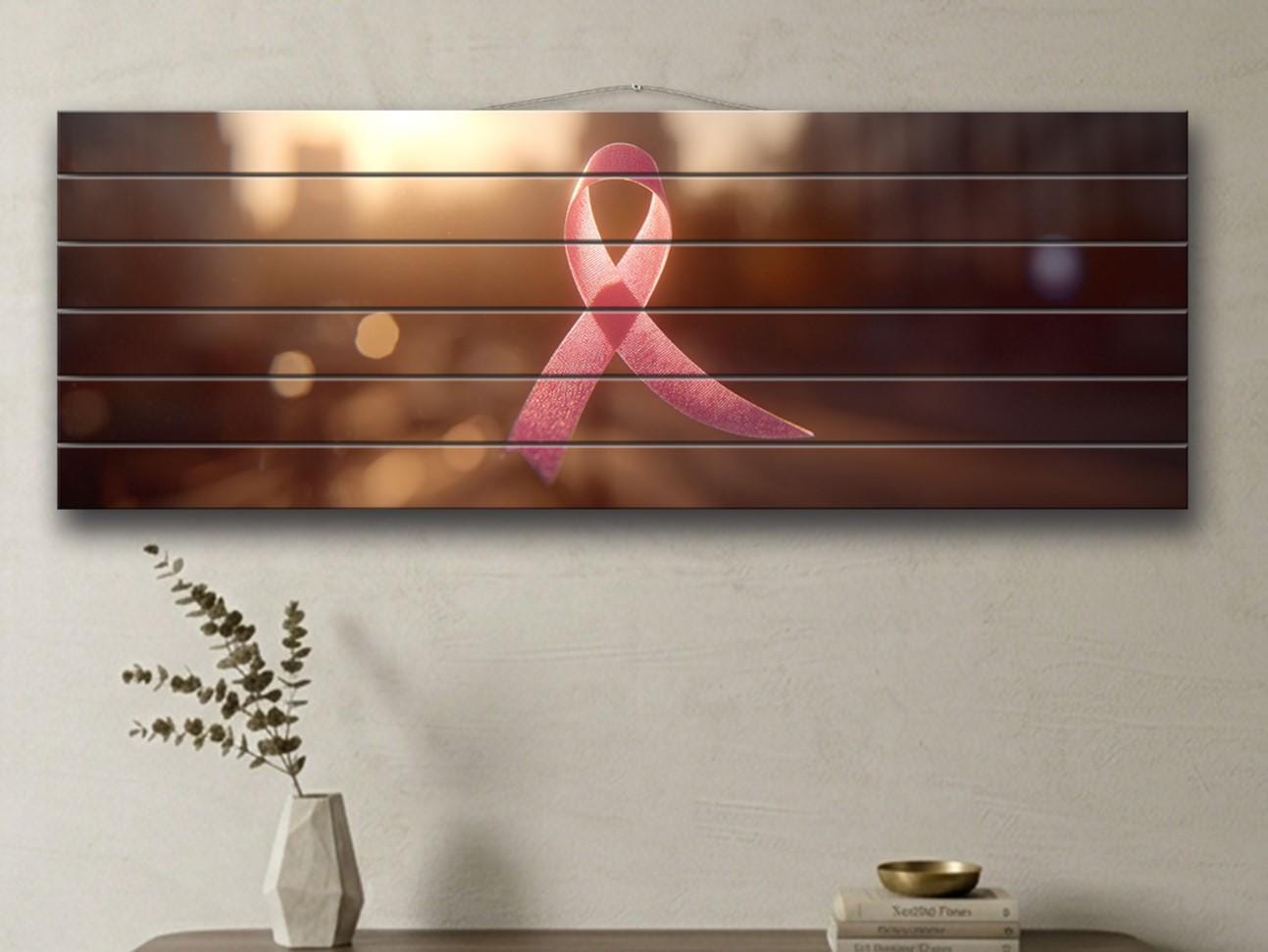 Pink Ribbon Print on Wood, Breast Cancer Symbol of Hope Art, Hospital Wall Decor