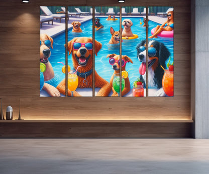 Pool Party Wall Decor - Dogs Pool Party Print Canvas | Framed Ready to Hang Art