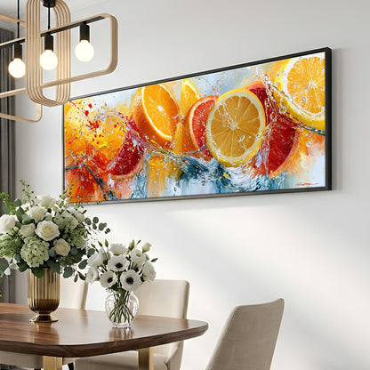 a dining room with a large framed painting of sliced oranges and a vase of white flowers on a wooden table.