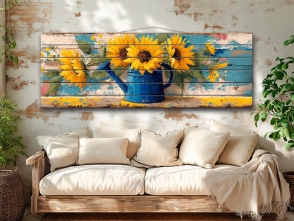 Sunflowers Wood Art - Handcrafted Rustic Wood Wall Art with Weathered Watering Can Print