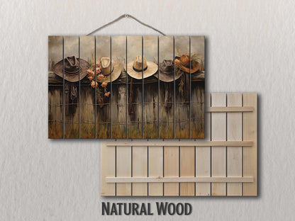Rustic Fence Wall Art – Wooden Wall Decor with Hanging Hats Print on Natural Wood