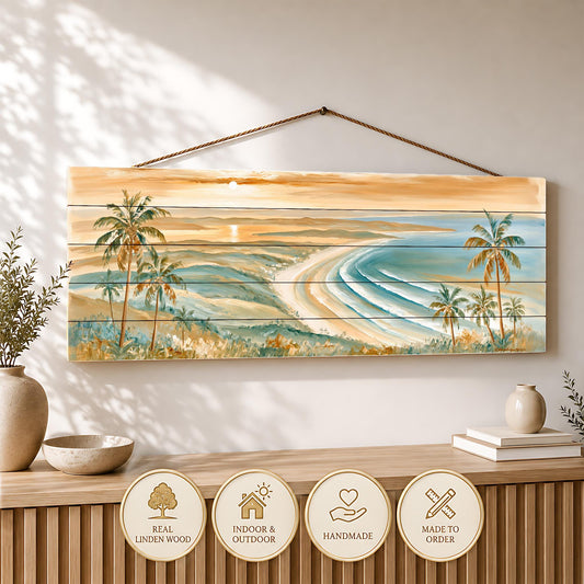 Salalah Coast Wood Print, Oman Beach Wall Art, Tropical Palm Seascape, Arabian Coastal Decor