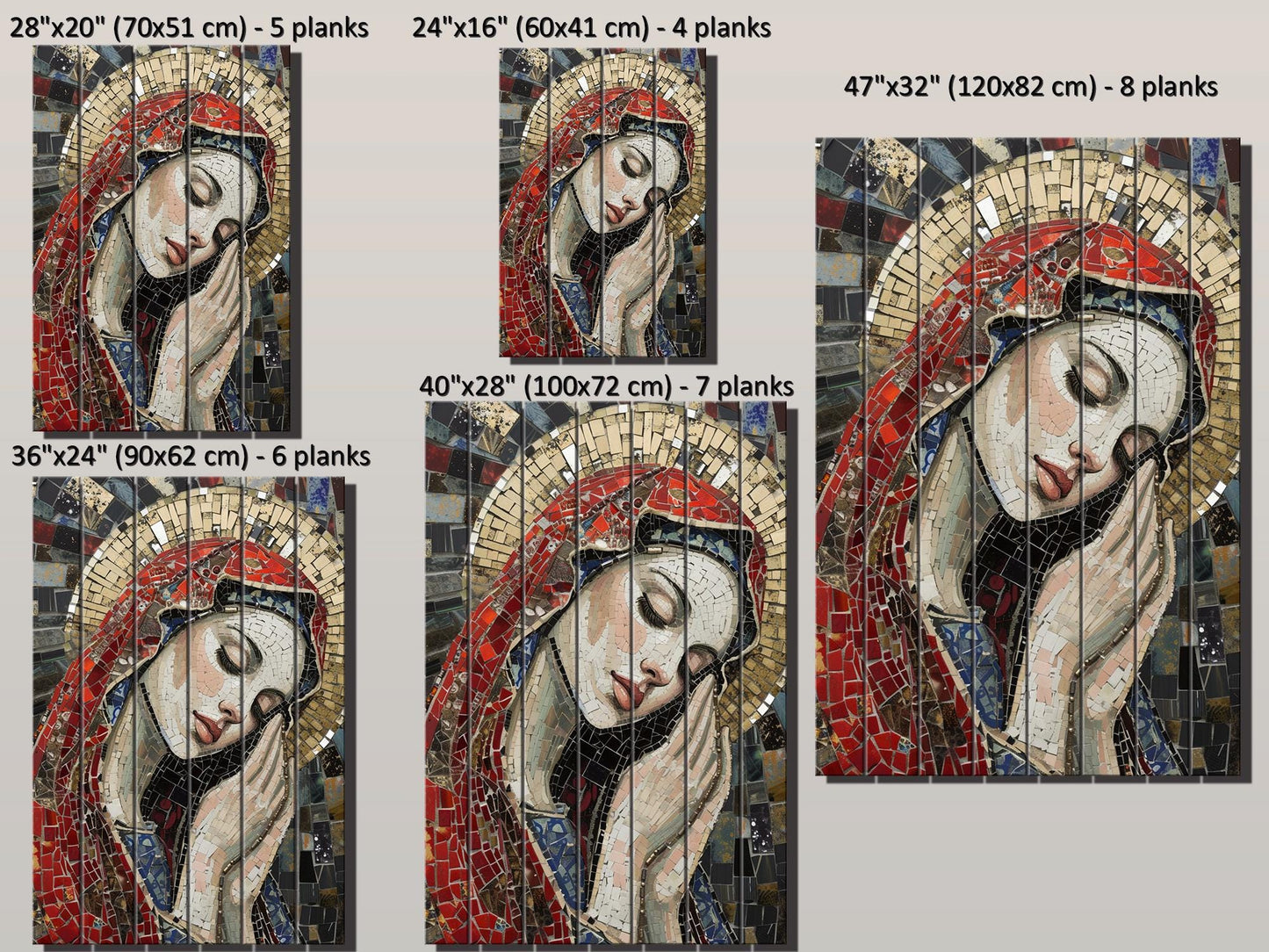 Saint Maria Wood Art – Mosaic Religious Wall Decor on Natural Wood Planks