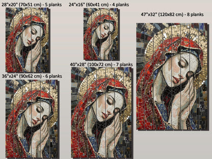 Saint Maria Wood Art – Mosaic Religious Wall Decor on Natural Wood Planks