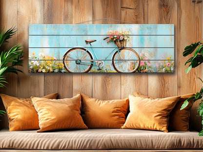 Vintage Bicycle Wall Art – Rustic Floral Print on Natural Wood Plank Art