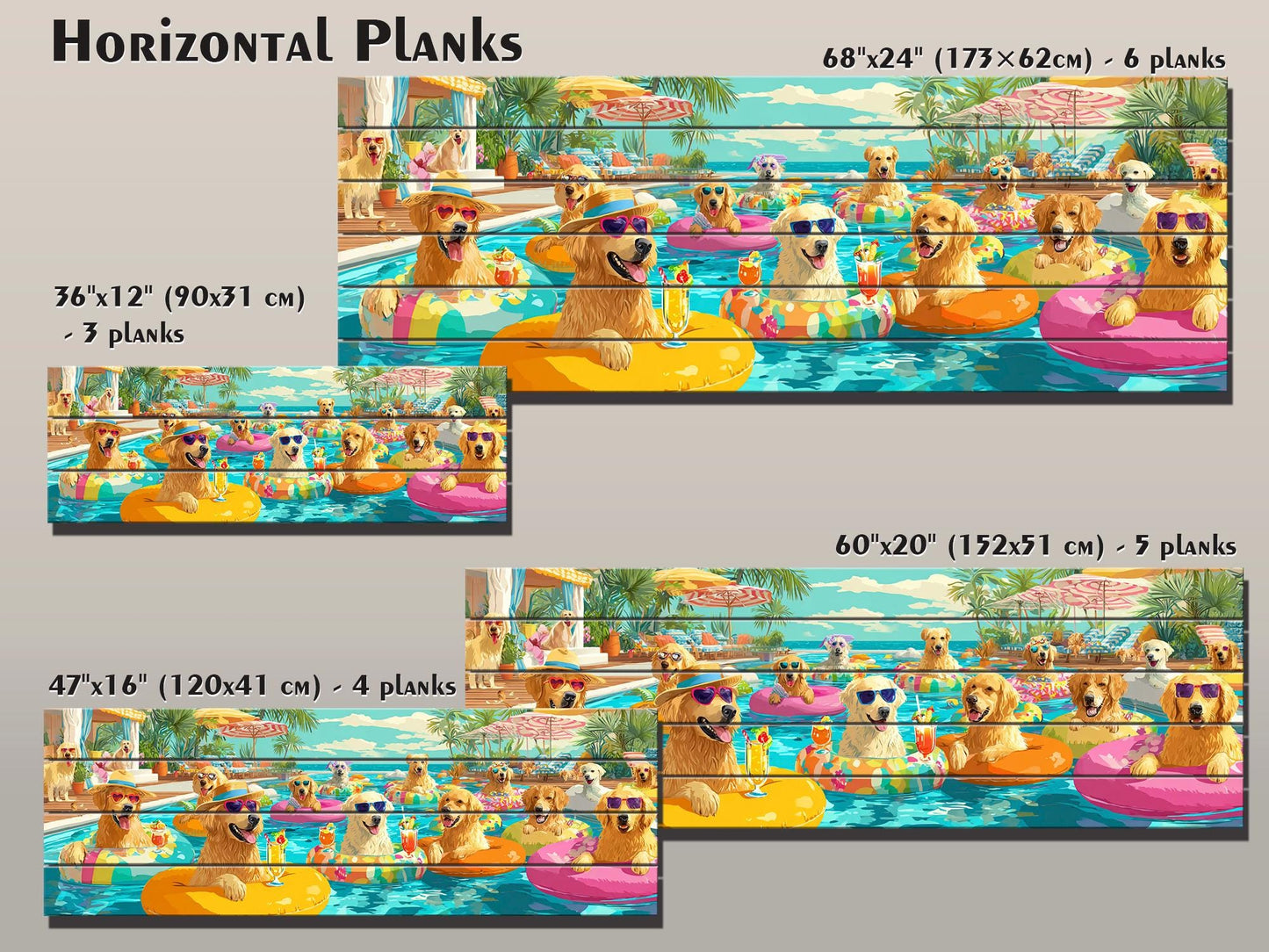 Golden Retriever Wall Art – Playful Pool Party Dog Print on Rustic Wood