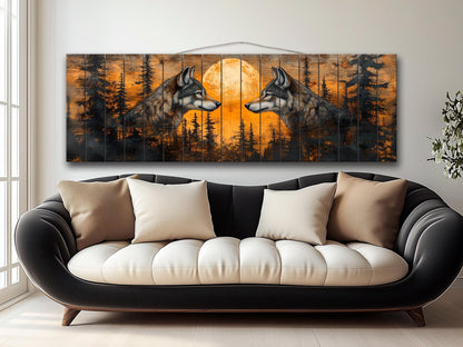 Wolf Wall Art - Sunset Forest Wolf Print on Natural Wood | Native American Art Decor