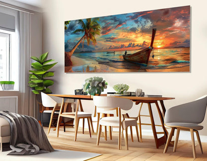 Tropical Sunset Canvas Art - Beach Canvas Print with Palm Tree & Old Boat - Ready to Hang