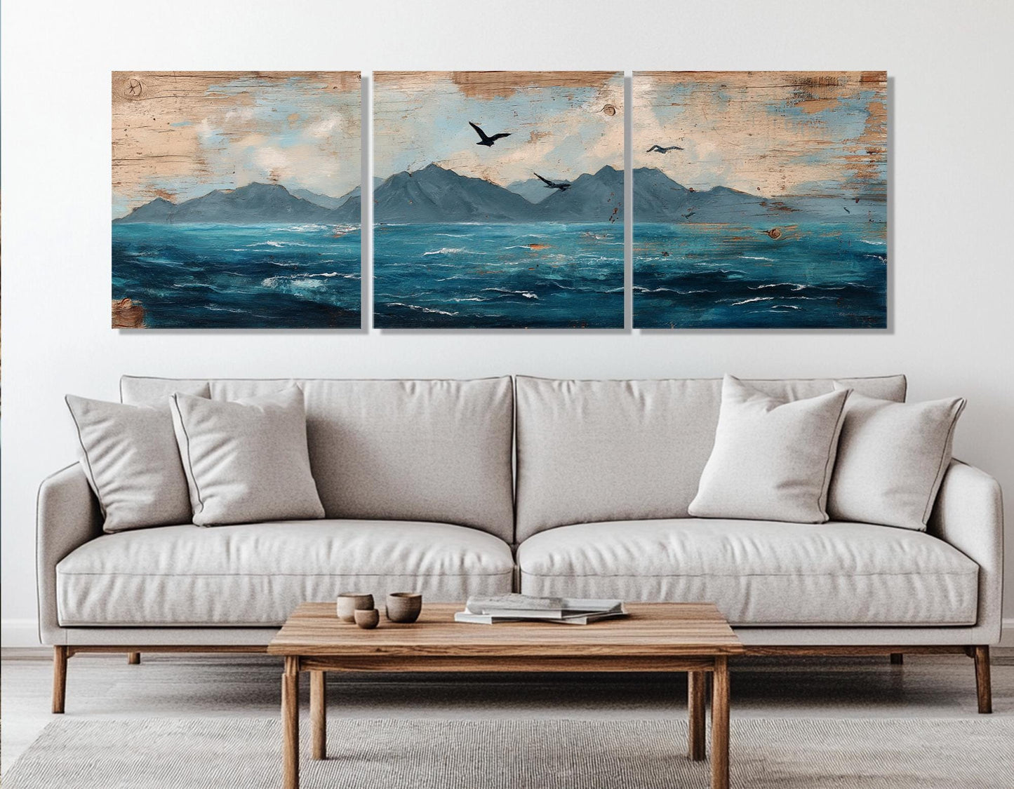 Ocean Canvas Print – Dramatic Mountain Seagull Painting | Framed Canvas Wall Decor