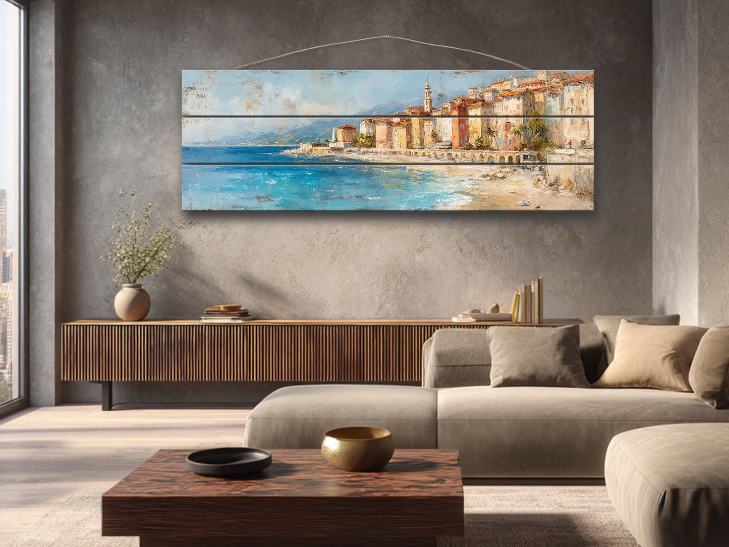 French Riviera Wall Art – Beige Pastel Oil Painting on Wood Planks