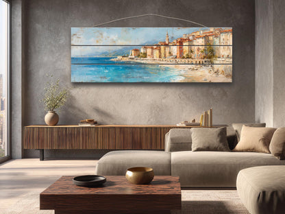 French Riviera Wall Art – Beige Pastel Oil Painting on Wood Planks