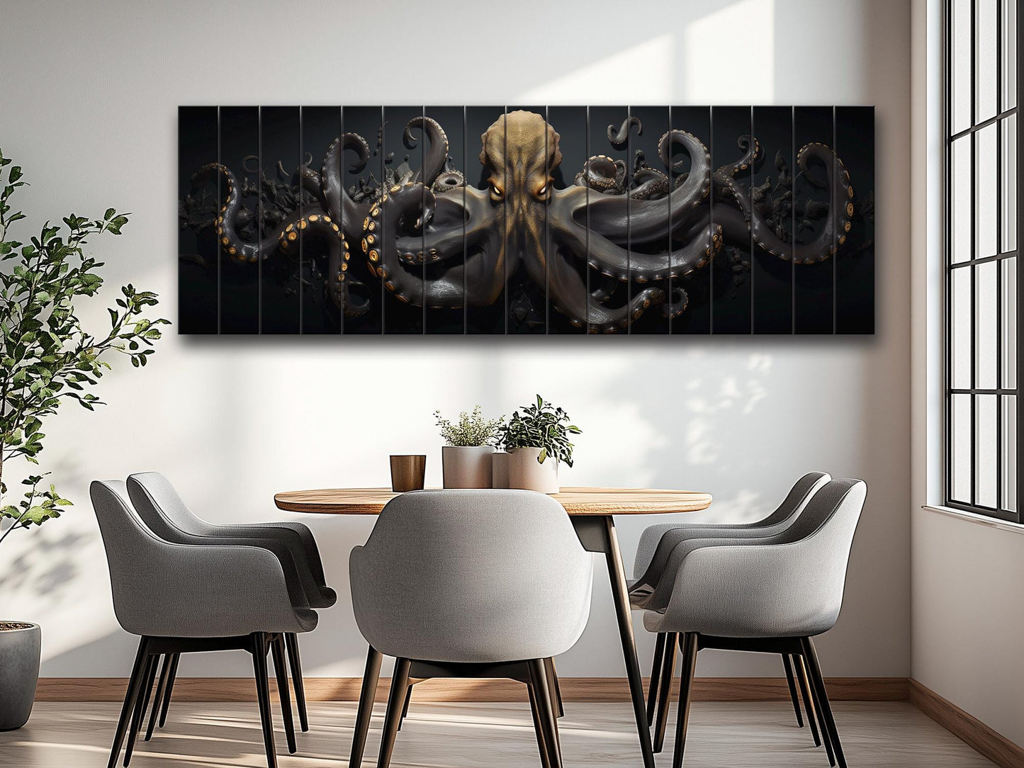 Black And Gold  Octopus Printed On  Natural Wood – Nautical Wall Decor