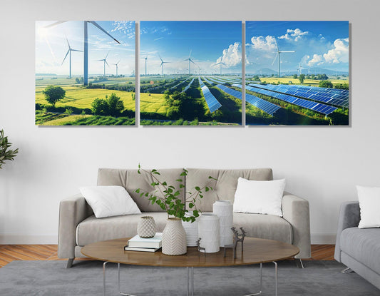 Renewable Energy Wall Art – Wind Turbine Canvas & Solar Panel Print on Gallery Wrapped Canvas