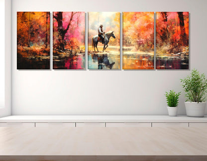 Horseman Canvas Art – Abstract Colorful Forest Painting | Framed & Ready to Hang