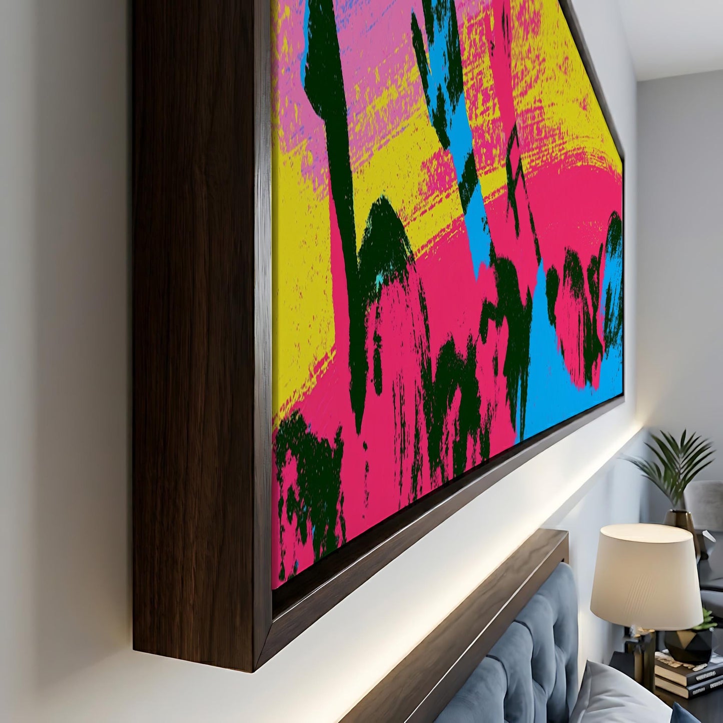 a large, colorful abstract painting hanging on a wall, with a wooden frame surrounding it.
