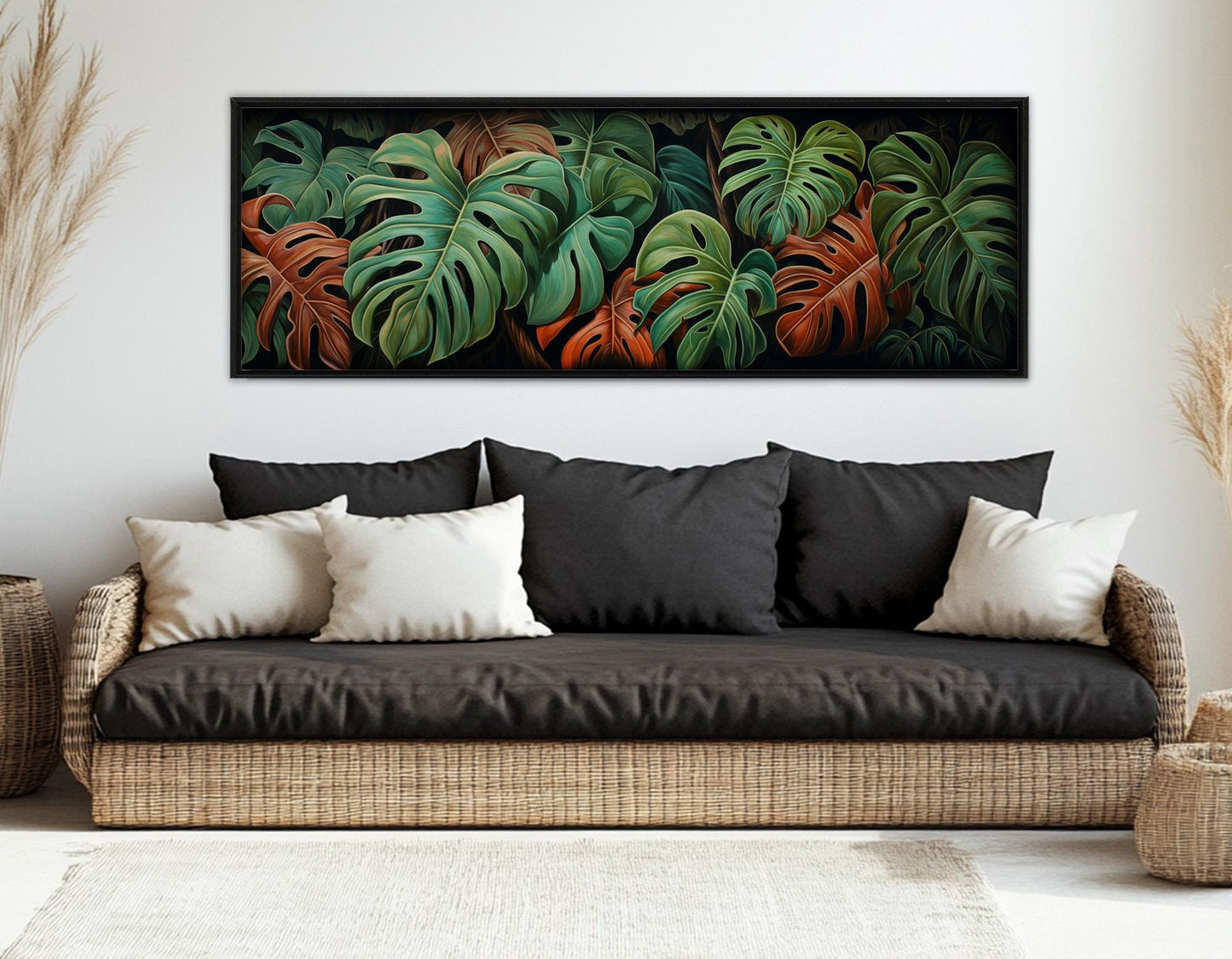 Philodendron Leaves Canvas – Framed Canvas Wall Decor with Rustic Wildflowers Print on Cotton