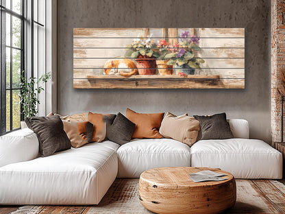 Farmhouse Wall Art - Cozy Sleeping Cat Print on Natural Wood Plank Artwork