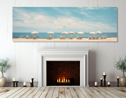 Beach Canvas Print - Framed Canvas Art with Sun Loungers & Umbrellas, Ready to Hang