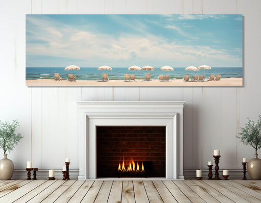 Beach Canvas Print - Framed Canvas Art with Sun Loungers & Umbrellas, Ready to Hang