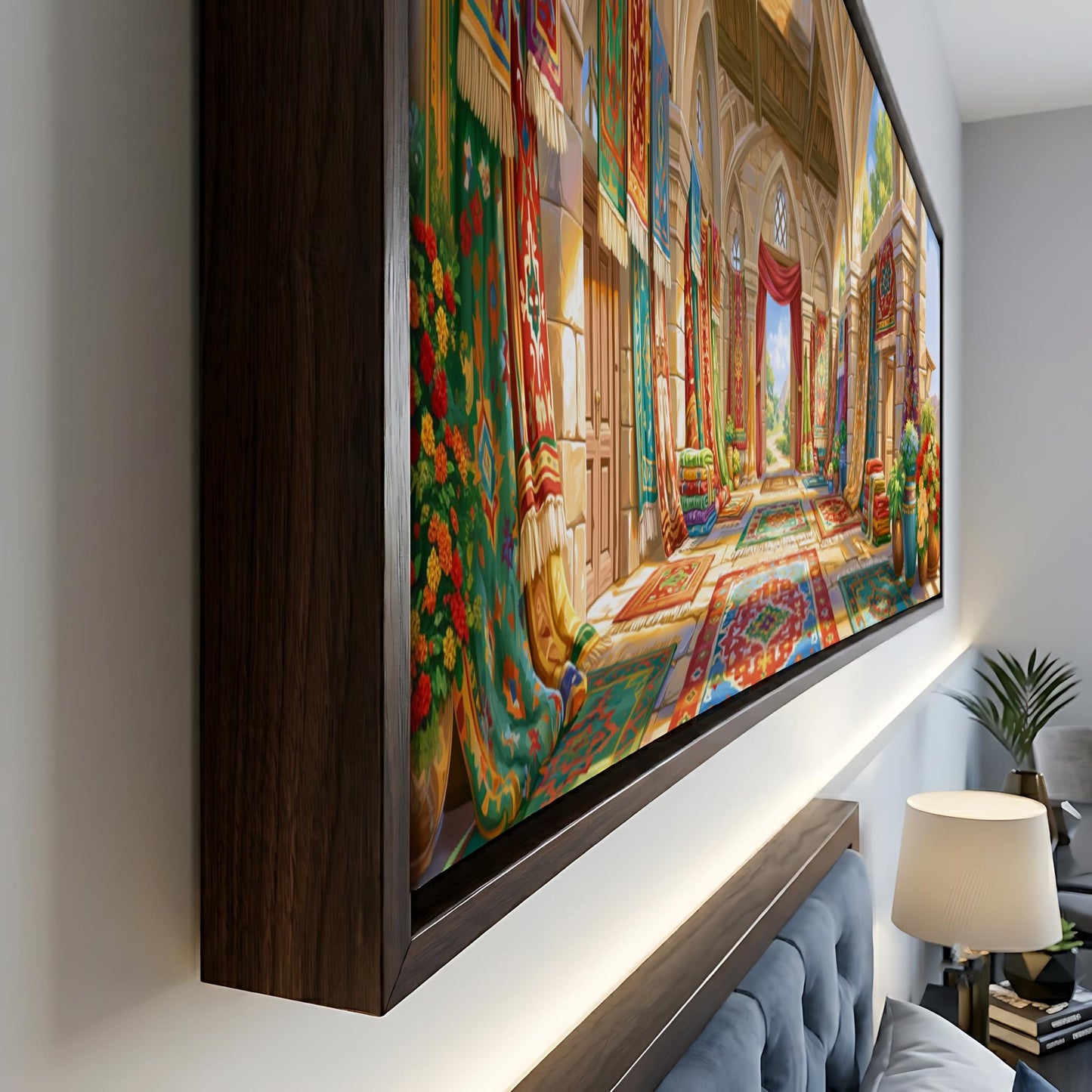 a large, colorful painting of a grand, ornate hallway with intricate architectural details and vibrant, detailed artwork.