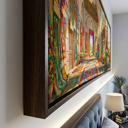 a large, colorful painting of a grand, ornate hallway with intricate architectural details and vibrant, detailed artwork.