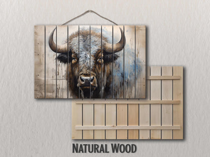 Rustic Wood Wall Art – Bison Abstract Painting on Wooden Planks | Farmhouse Decor