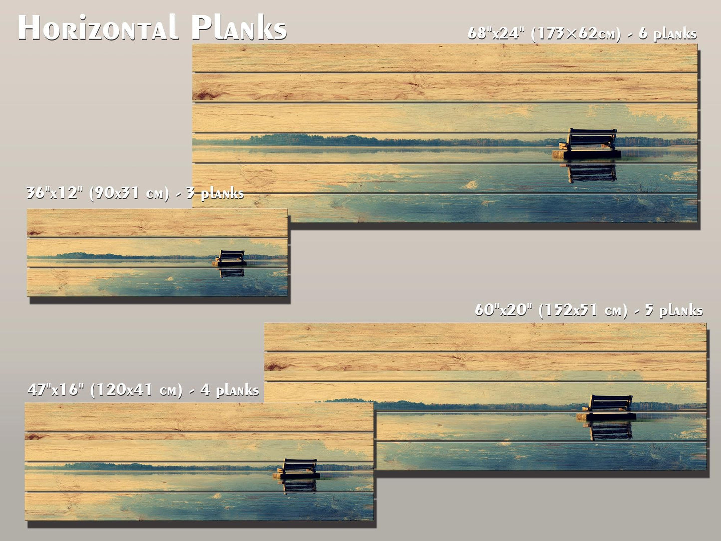 Lakeside Bench Wall Art – Panoramic Lake Landscape on Natural Wood Panel