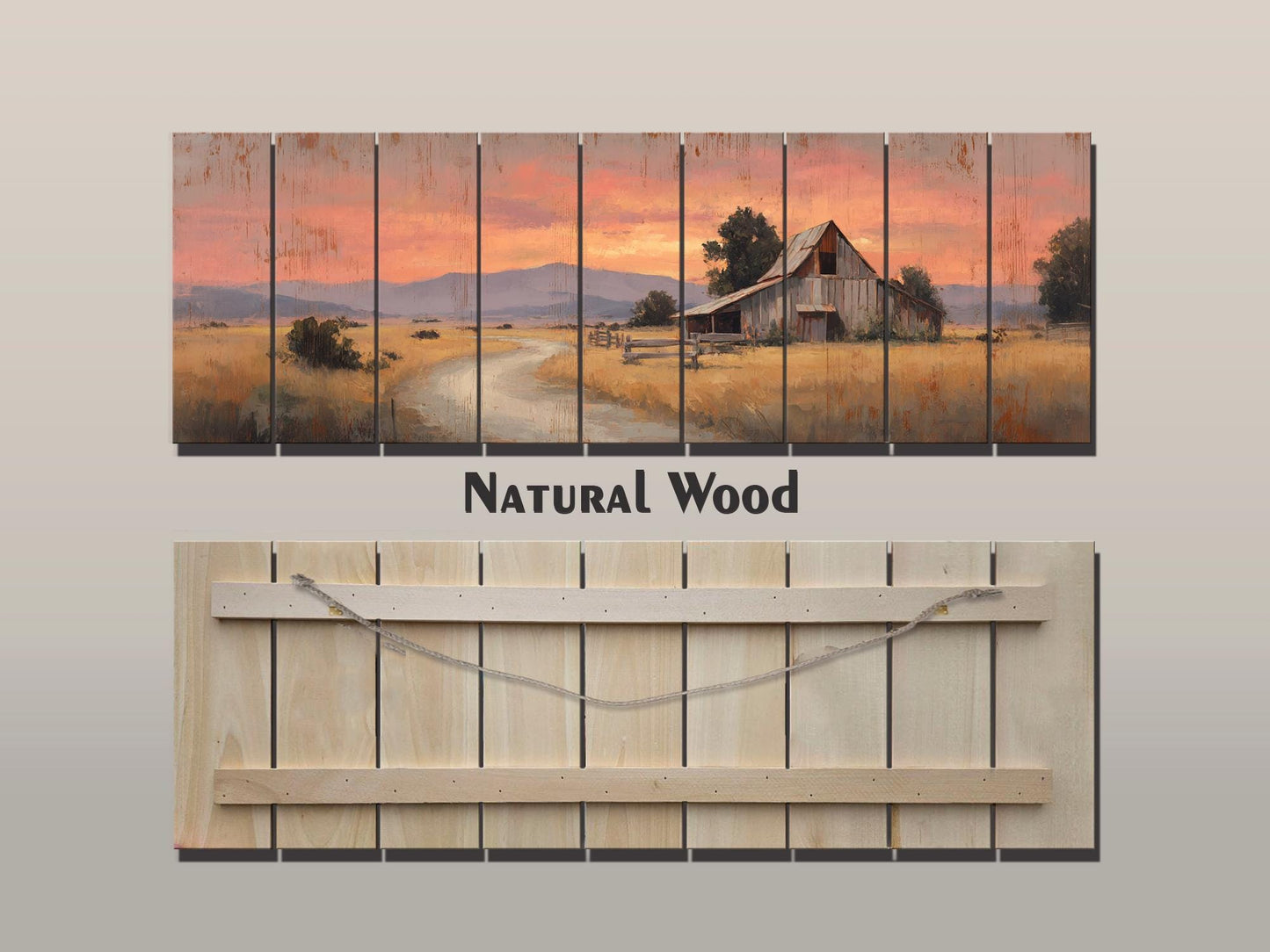 Rustic Barn Wall Art – Handcrafted Wood Print of Peaceful Country Barn at Sunset