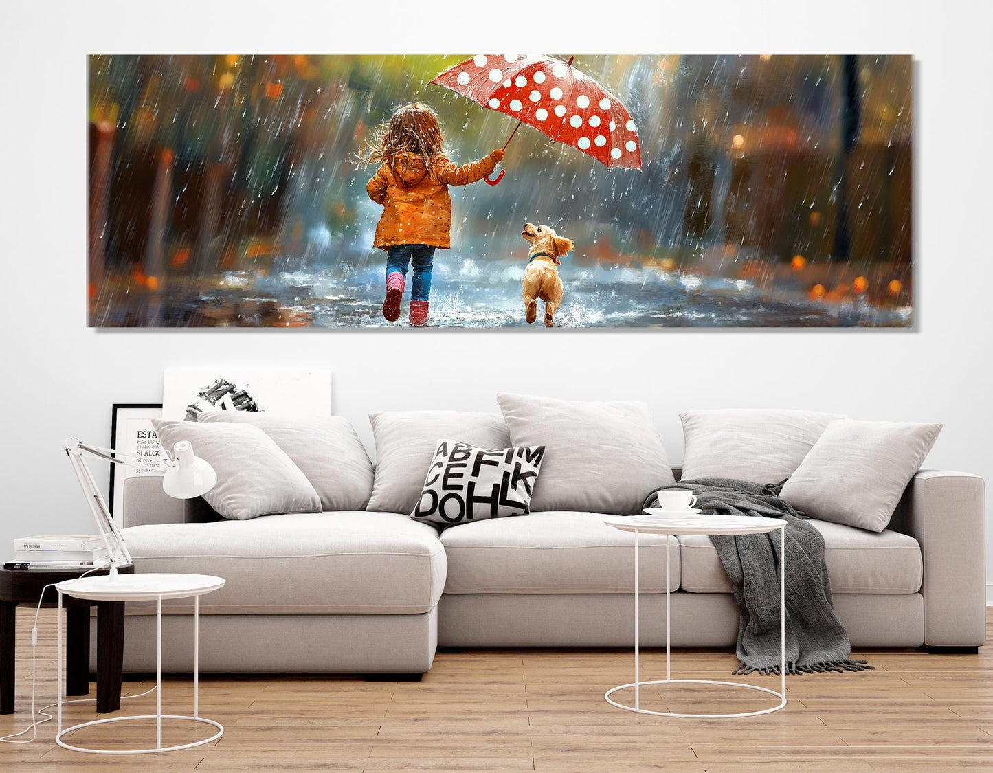 Puppy Canvas Print – Framed Cotton Wall Art | Little Girl Puppy Under Rain Painting