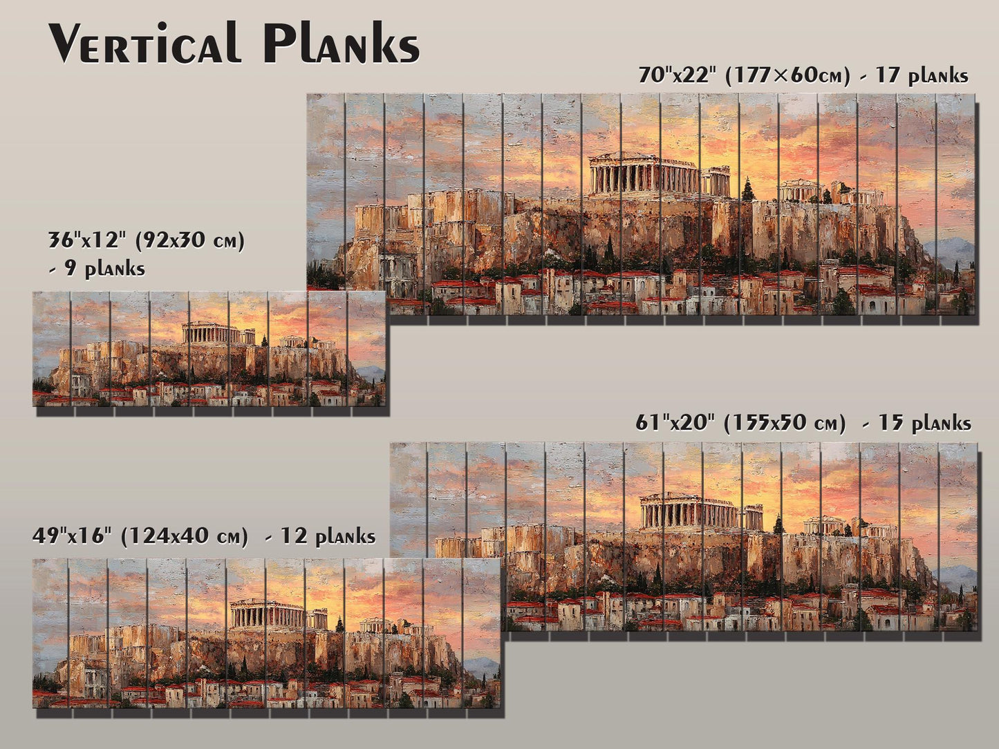 Athens Wood Print – Rustic Wall Art with Acropolis Sunset on Distressed Wood