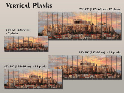 Athens Wood Print – Rustic Wall Art with Acropolis Sunset on Distressed Wood