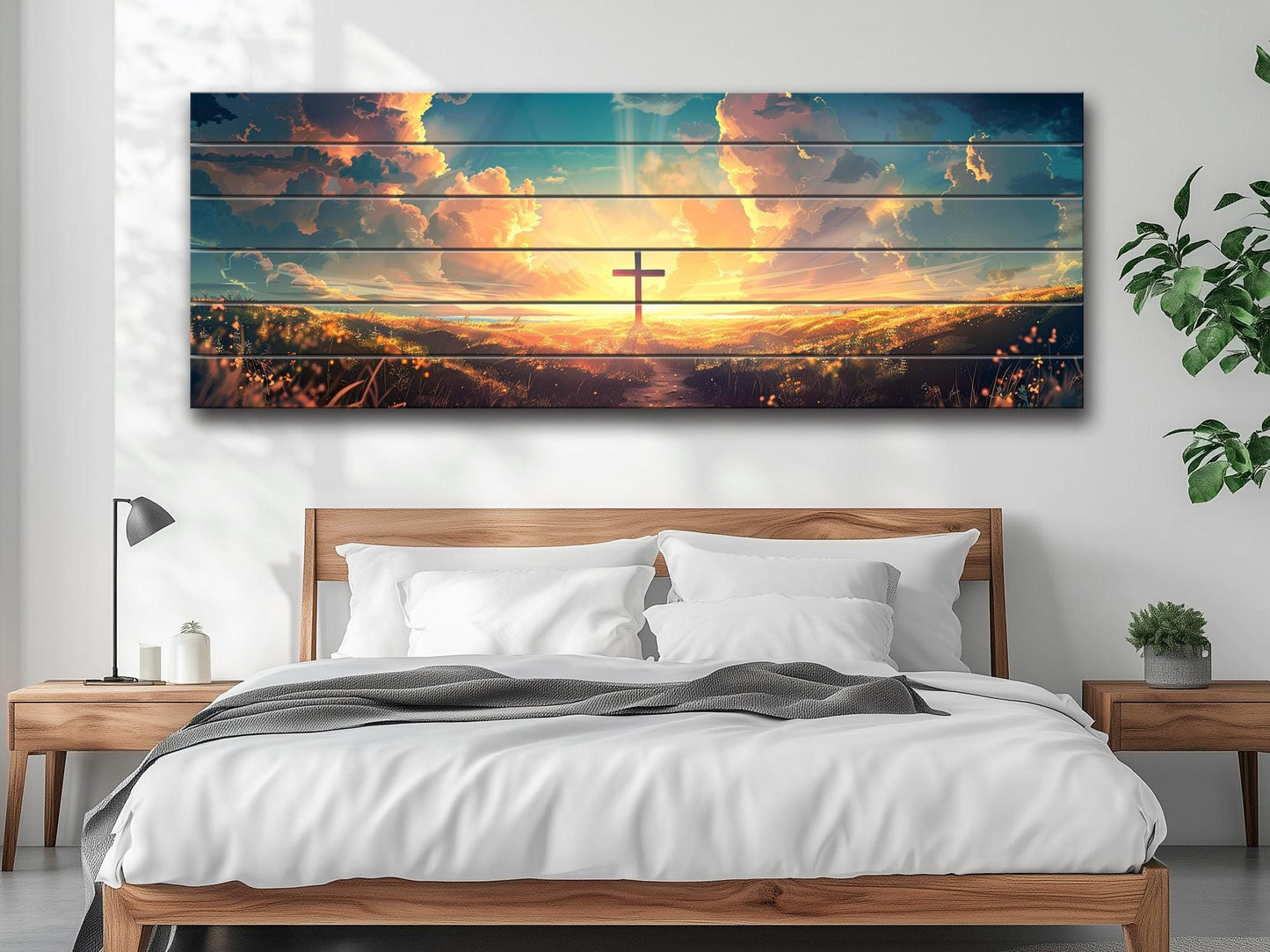 Christian Wood Wall Art – Cross Sunset Painting on Natural Wood Planks | Handcrafted Rustic Farmhouse Decor