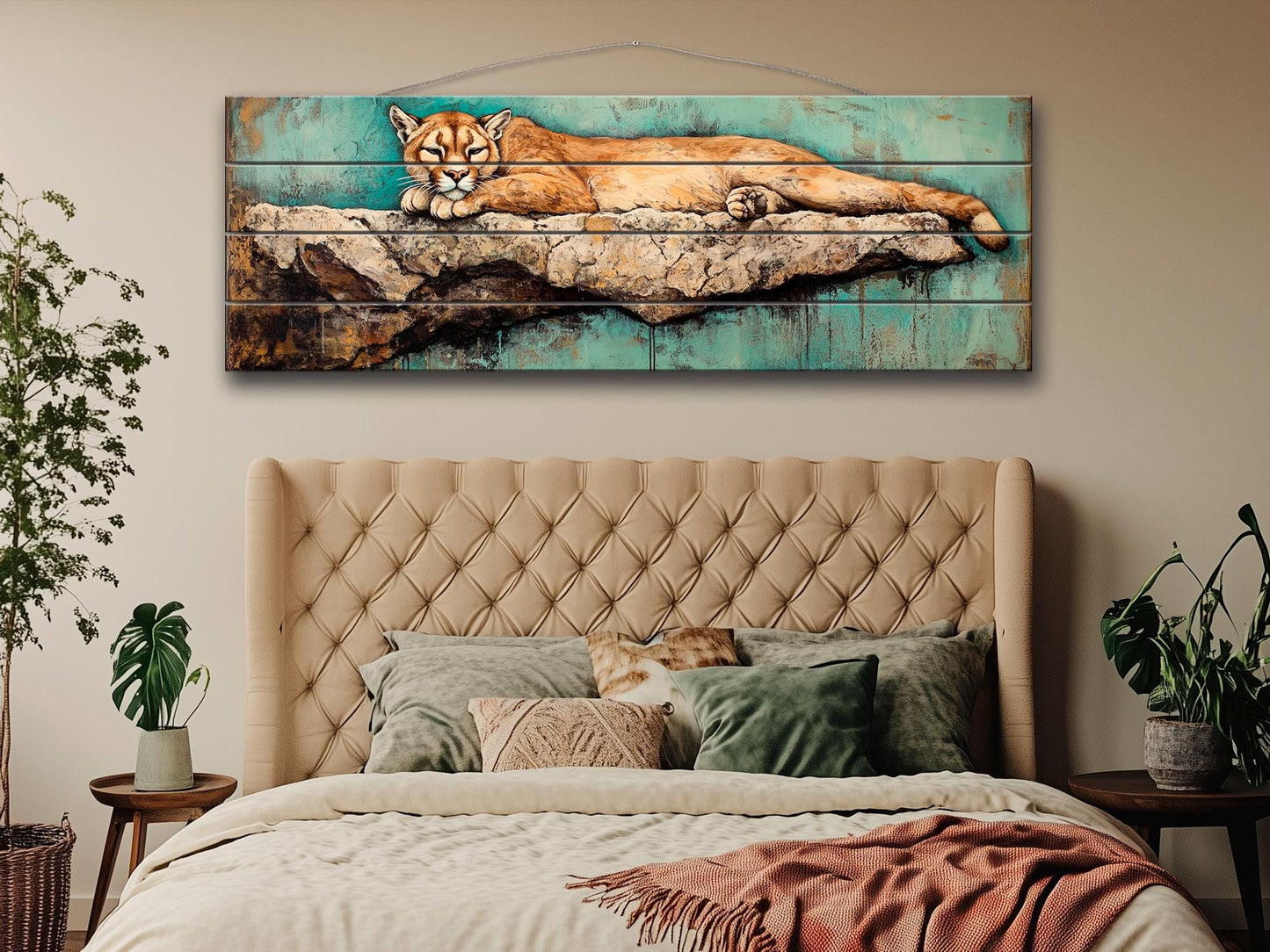 Rustic Wood Wall Art - Mountain Lion on a Rocky Ledge Print on Natural Wood, Lions Wall Art, Mountain Lion Painting, Forest Animals Prints