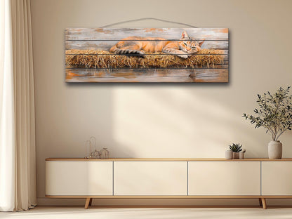 Farm Cat Lounging on a Hay Bale Painting Printed on Natural Wood, Cats Wall Art, Red Cat Print, Rustic Cabin Wall Decor, Wood Wall Art