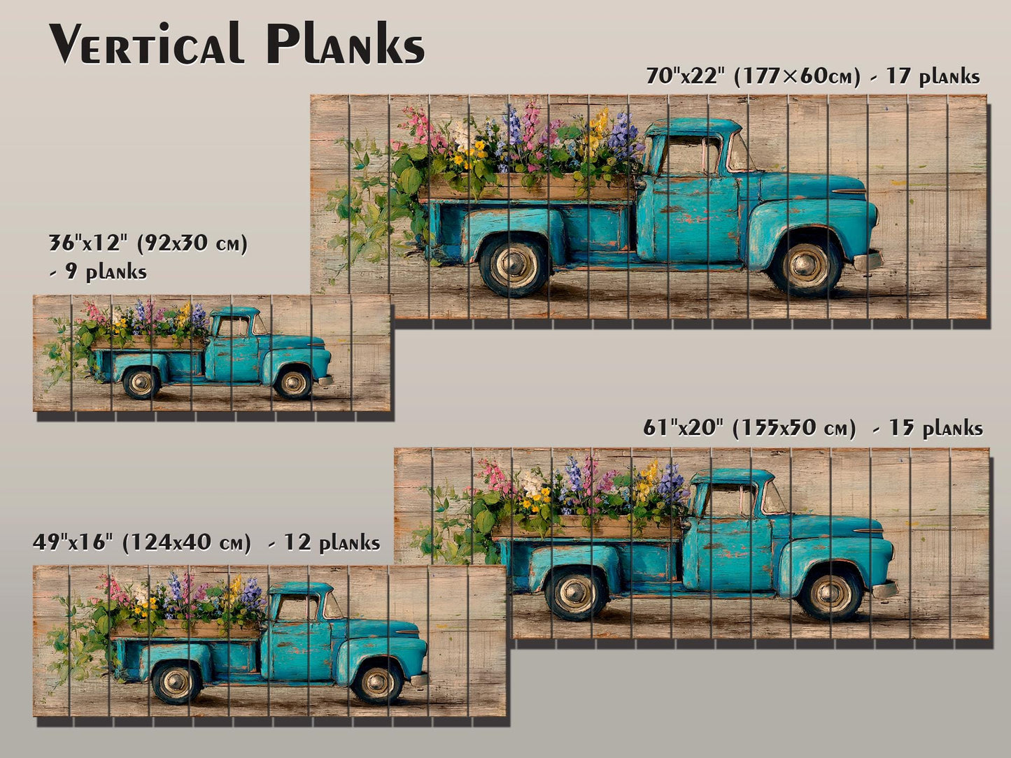 Rustic Wood Wall Art – Vintage Truck Print with Blue Flowers on Wood