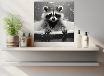 Raccoon Bathroom Wall Art – Cute Black and White Canvas Print | Nursery Decor