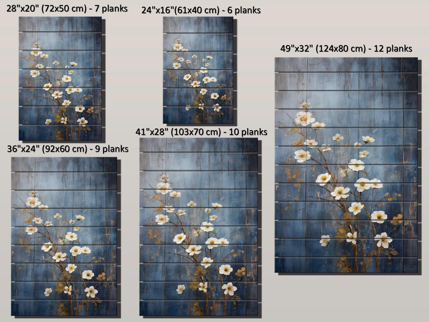 Rustic Floral Wall Art - White Blossoms Print on Natural Wood Plank Art