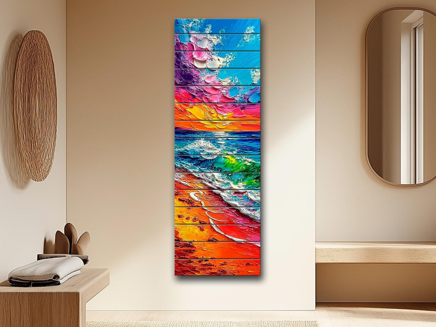 Vibrant Beach Scene Print on Wood, Colorful Coastal Painting, Summer Wall Art