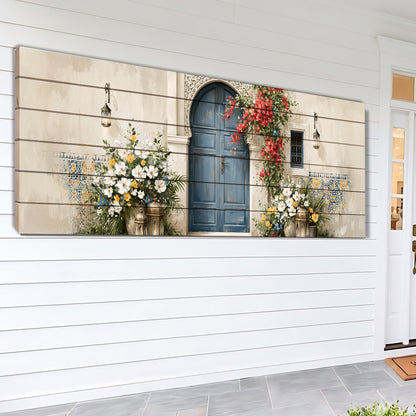 Moroccan Blue Door Canvas Print, Mediterranean Entryway Wall Art, Floral Courtyard Painting, Moroccan Decor