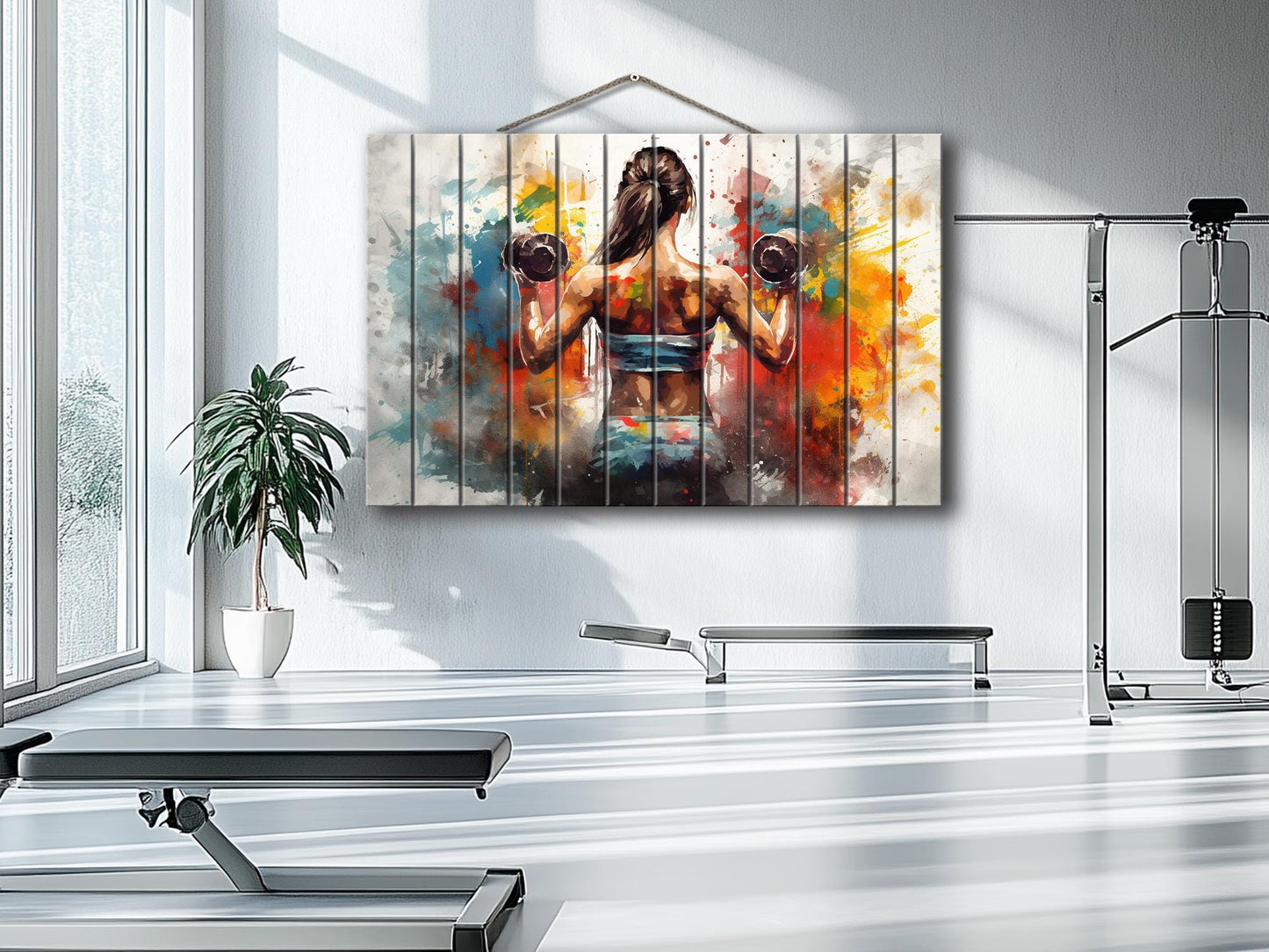 Girl with Dumbbells Painting – Wooden Gym Wall Art | Fitness Motivation Print