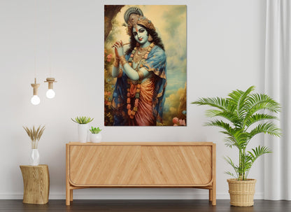 Lord Krishna Canvas Print, Indian Hindu God Painting, Indian Wall Art, Indian God Poster, Framed and Ready to Hang