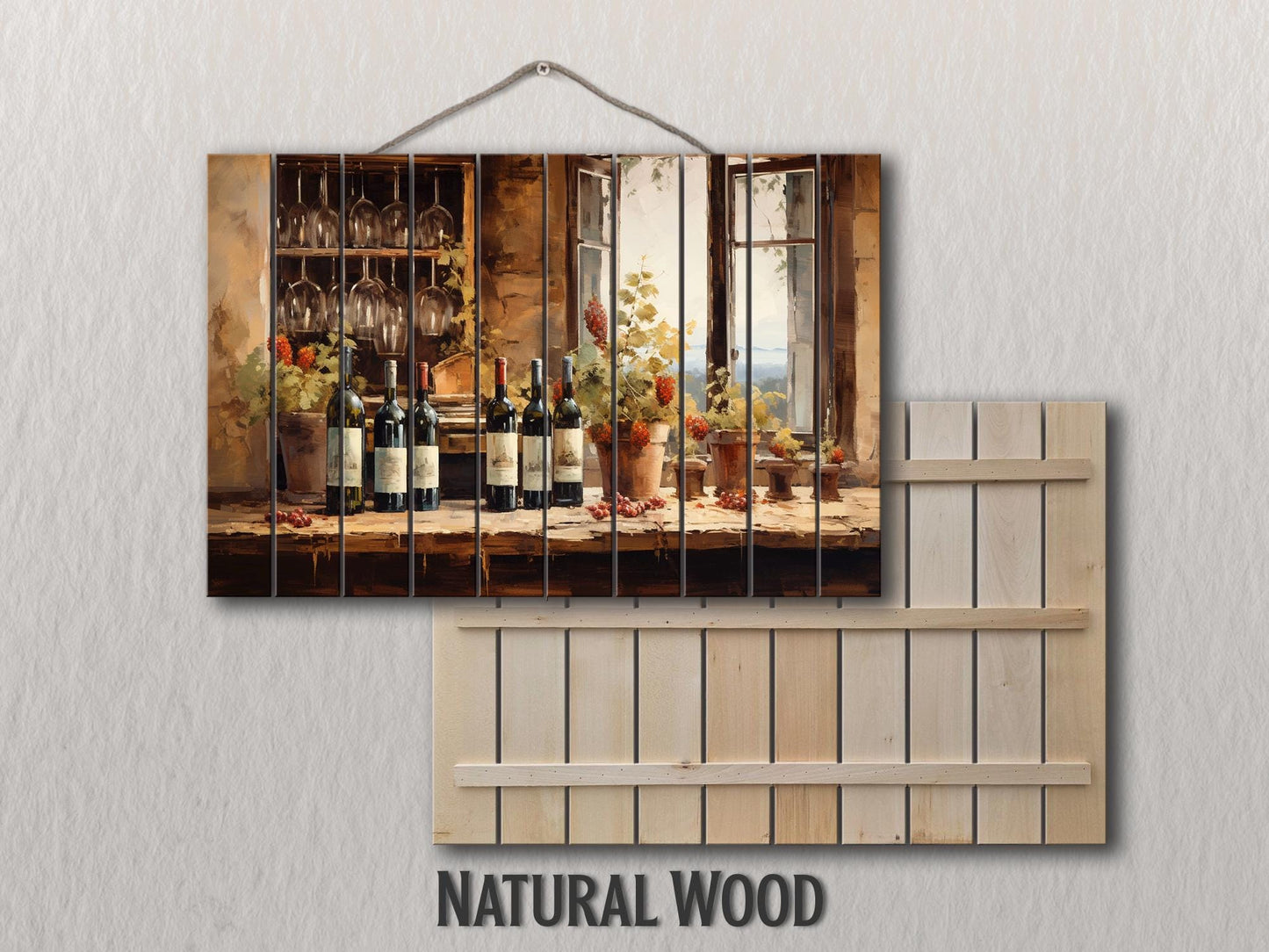 Tuscan Wood Wall Art – Vintage Wine Painting on Natural Wood Plank Print