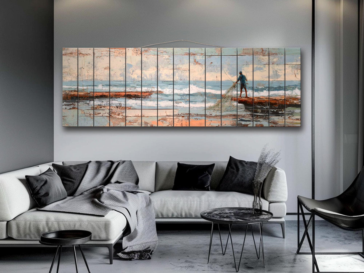 Fisherman Print Wood - Rustic Coastal Wall Art With Sea Nets & Calm Sky Painting