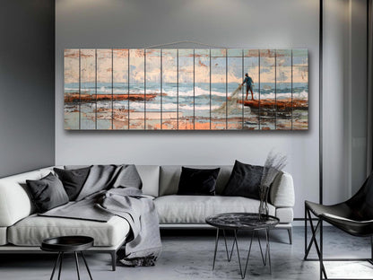 Fisherman Print Wood - Rustic Coastal Wall Art With Sea Nets & Calm Sky Painting